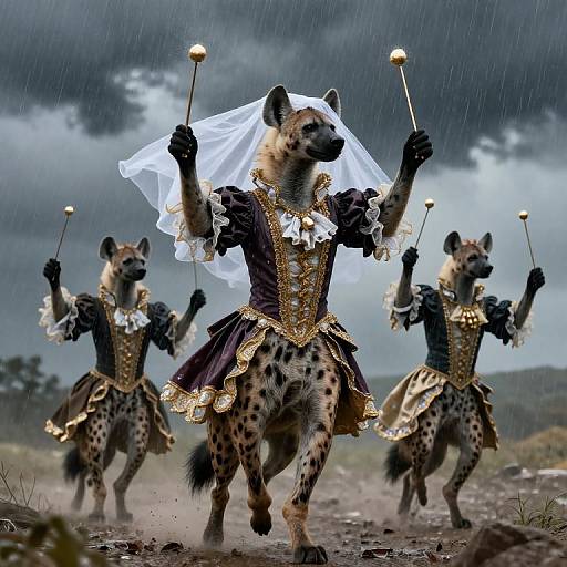 Photograph of anthropomorphic hyenas in elaborate, Victorian-style, gold-trimmed black dresses with white veils, holding torches, marching in