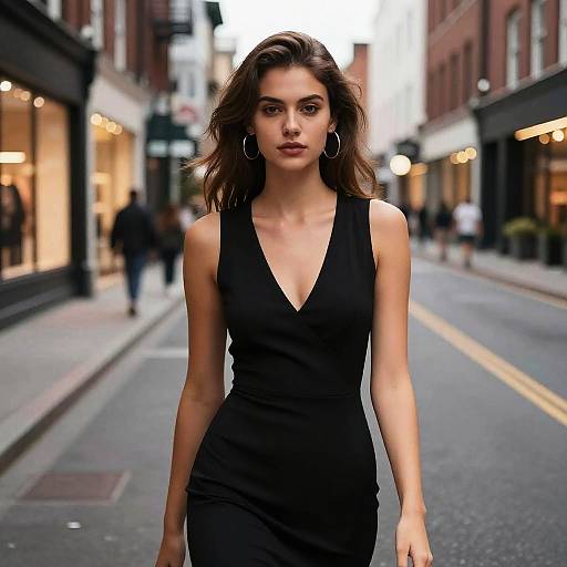 Photograph of a confident, brunette woman with wavy hair, wearing a black, deep V-neck dress and hoop earrings, walking down a blurred,