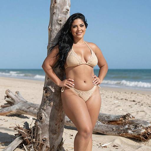 Curvy Woman on Beach with Driftwood