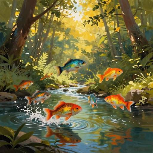 Digital painting of vibrant orange and blue fish leaping in a sunlit, lush forest stream with splashing water and reflective surface.