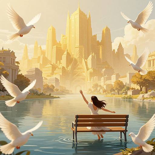 Digital art: Woman with long black hair, white dress, arms raised, sits on bench in lake, facing golden cityscape, surrounded by flying white