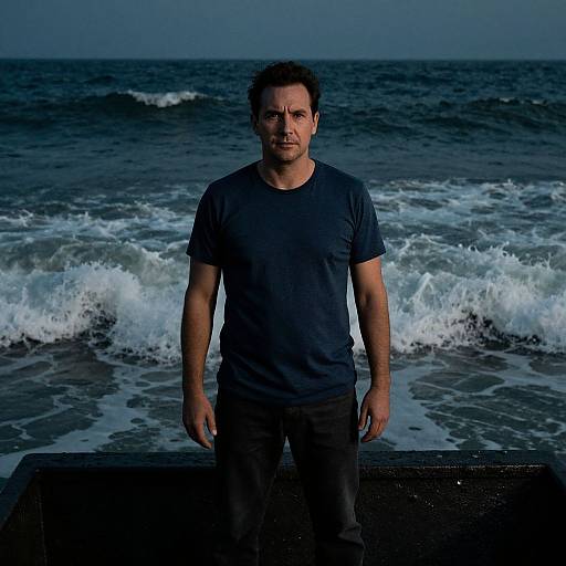 Photograph of a muscular, bearded man in a dark blue t-shirt and black pants standing on a rocky shoreline with crashing waves in the background.