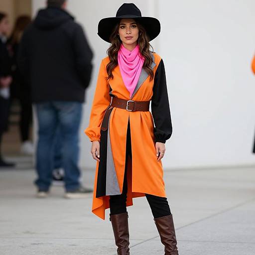 Photograph of a woman in an orange and black long coat, pink scarf, black hat, brown belt, and brown boots, standing in a blurred
