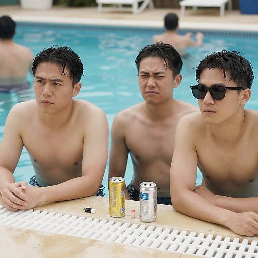 Men Relaxing by the Bright Blue Pool
