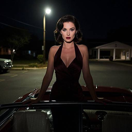 Photograph of a dark-haired woman in a black halter dress, standing in a dimly lit, nighttime suburban street, leaning on a vintage car