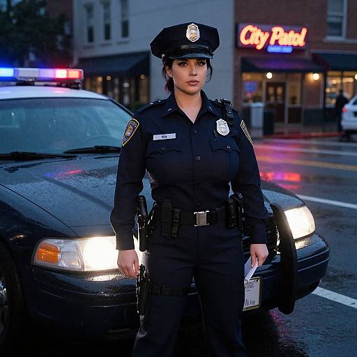 Photograph of a serious female police officer in uniform standing beside a black police car on a rainy urban street with a 