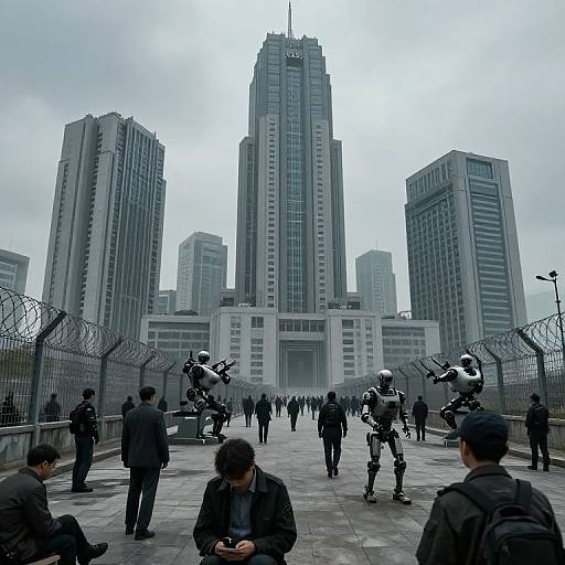 Photograph of a bustling urban plaza with tall, modern skyscrapers; numerous black-clad individuals with cameras and equipment, surrounded by chain-link fences