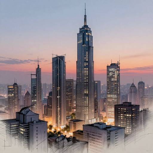 Photograph of a cityscape at sunset, featuring tall, illuminated skyscrapers with a gradient sky from pink to blue, and streetlights glowing below