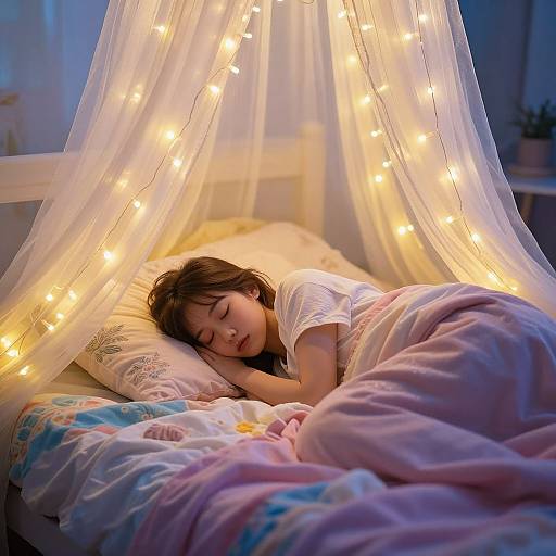 Whimsical Girl Sleeping Under Fairy Lights