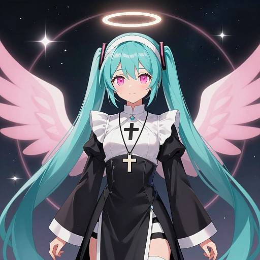 Digital anime-style drawing of a blue-haired girl with pink eyes, angel wings, and a halo, wearing a black and white nun outfit with a cross