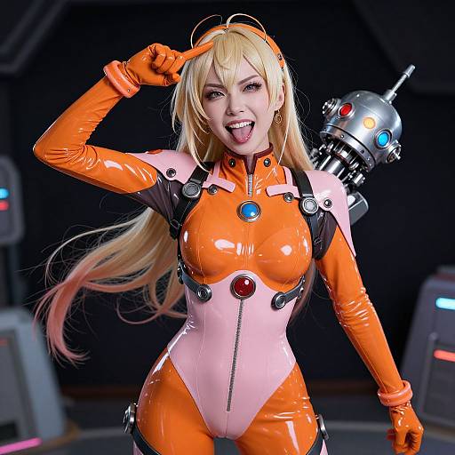 Photograph of a blonde woman in a shiny orange and pink latex sci-fi costume, sticking out her tongue, holding a robot head, with glowing buttons