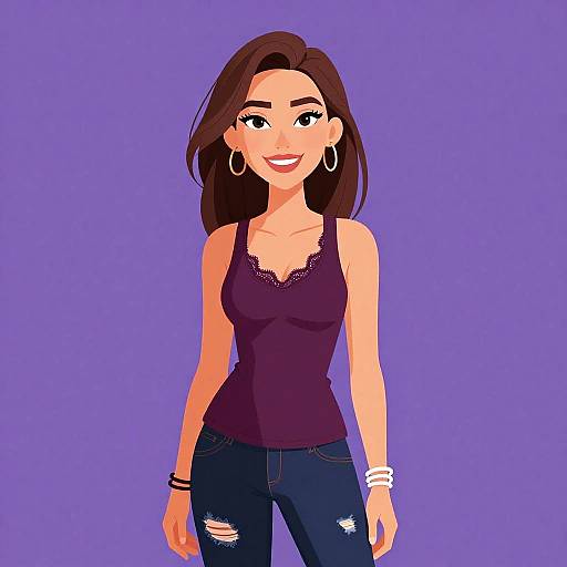 Digital illustration of a smiling woman with medium-length brown hair, wearing a purple lace-trimmed tank top, blue ripped jeans, white bracelet, and