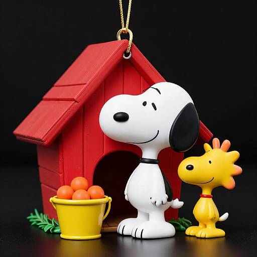 Photograph of a red wooden doghouse with Snoopy and Spike, yellow bucket of oranges, black background; festive, cartoon-style ornaments.