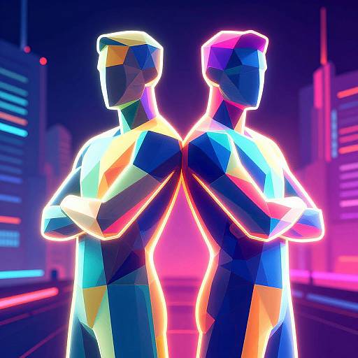 Digital artwork of two neon-lit, polygonal, faceless figures back-to-back, glowing in vibrant colors against a cyberpunk cityscape background.