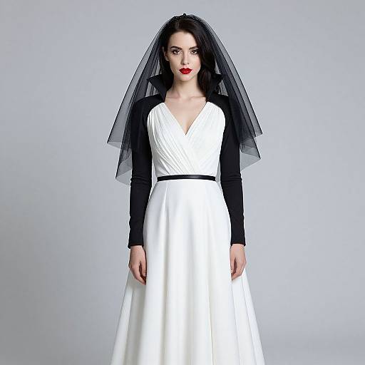 Photograph of a pale-skinned woman with black hair, wearing a white V-neck dress, black long-sleeve top, and sheer veil,