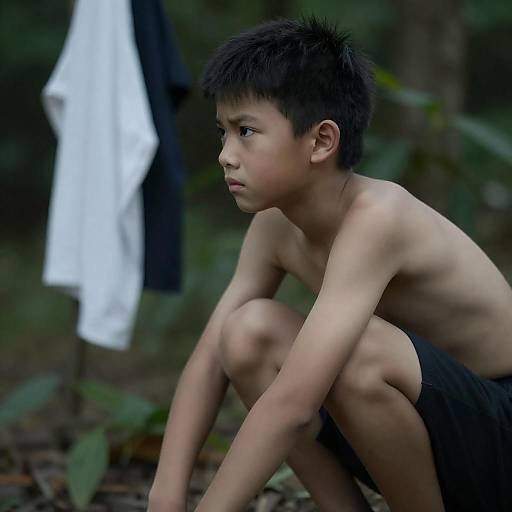 Solitary Asian Boy in Forest Setting