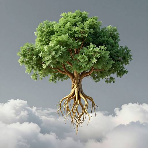 Digital artwork of a floating tree with lush green leaves and exposed brown roots, set against a gray sky with white clouds.