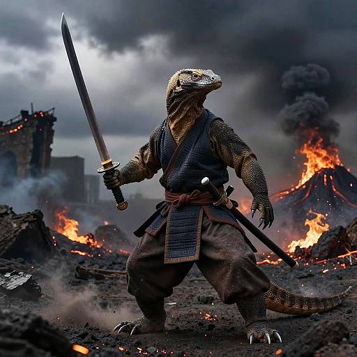 Digital artwork of a reptilian warrior in medieval armor, holding a sword, standing amidst a war-torn, fiery battlefield with dark clouds.