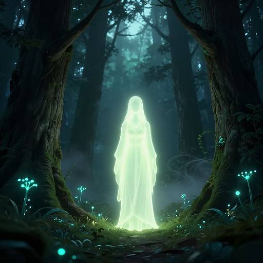 Digital artwork of a glowing, ethereal figure in a dark, enchanted forest with bioluminescent mushrooms and misty blue light.