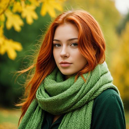 Young Woman with Red Hair Wearing Green Scarf Outdoors