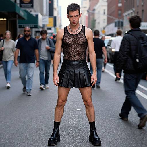Photograph of muscular man with short dark hair, wearing sheer black mesh tank top, black pleated mini skirt, black boots, standing confidently on busy
