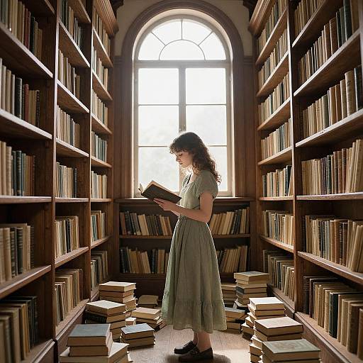 Photograph of a young woman with wavy brown hair, in a green dress, reading a book in a sunlit, wooden library aisle with tall