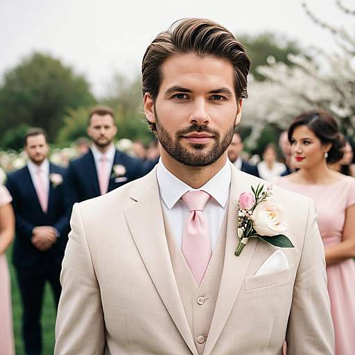 Handsome Groom in Beige Suit at Wedding