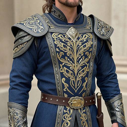 Photograph of a bearded man in ornate, medieval-style, blue and gold armor with intricate floral patterns, brown belt, and a gold buckle