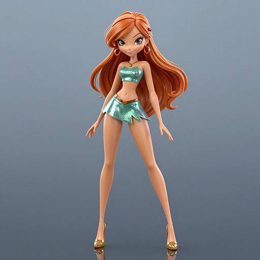 CGI anime-style girl with long red hair, wearing a shiny turquoise sequin crop top and skirt, gold hoop earrings, and high heels, standing