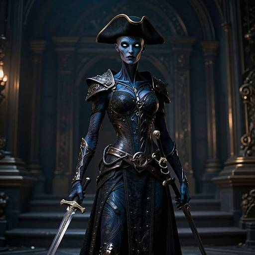 CGI image of a blue-skinned female warrior in black, ornate armor with a tricorn hat, holding two swords in a dimly lit