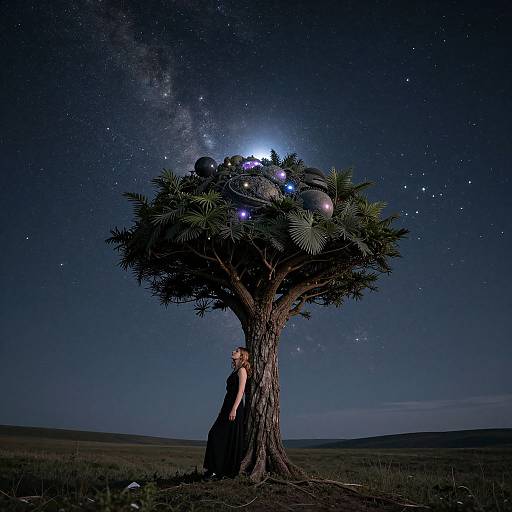 Woman by Tree with Cosmic Treetop