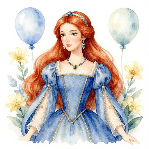 Watercolor illustration of a fair-skinned, red-haired princess in a blue, puffed-sleeve gown with lace trim, adorned with a blue