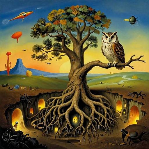 Whimsical digital artwork of an owl perched on a tree with underground glowing caves, surrounded by fantastical mushrooms, flying creatures, and vibrant sunset