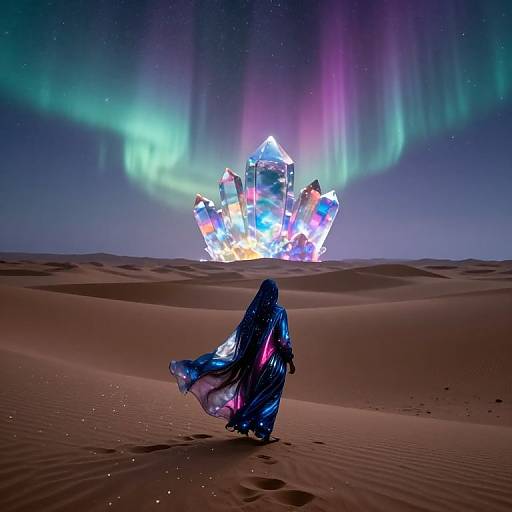 Mysterious figure in glowing, flowing robe approaches glowing crystal structure under vibrant aurora in starry night desert. Digital art.