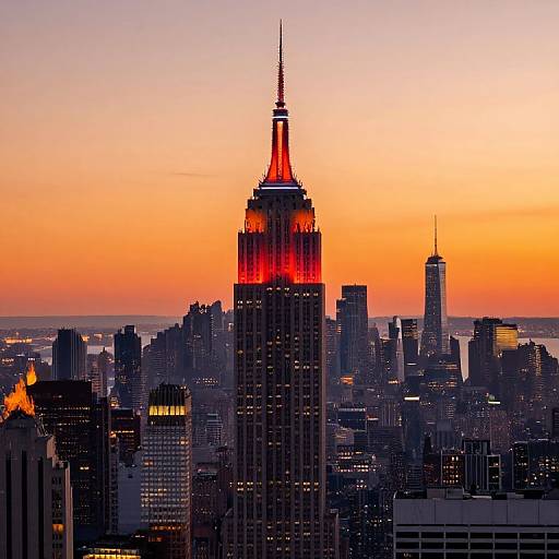 Photograph of New York City's skyline at sunset, with the Empire State Building's red-lit top prominently centered against an orange and pink sky.