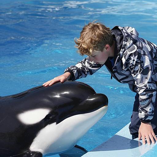 Boy Interacting with Orca Whale at Poolside