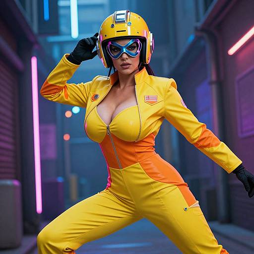 CGI image of a curvy, busty woman in a tight, yellow and orange superhero suit with large breasts, black gloves, and blue goggles,