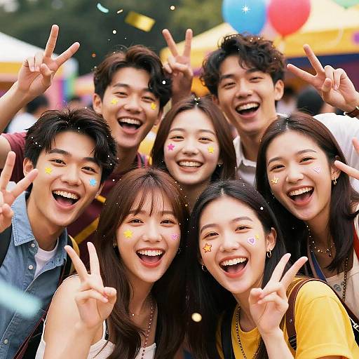 Friends Smiling at Colorful Festival
