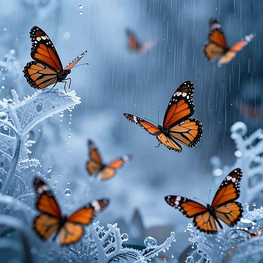 Photograph of vibrant orange and black monarch butterflies flying amidst icy blue, rain-drenched flowers, creating a magical, surreal winter scene.