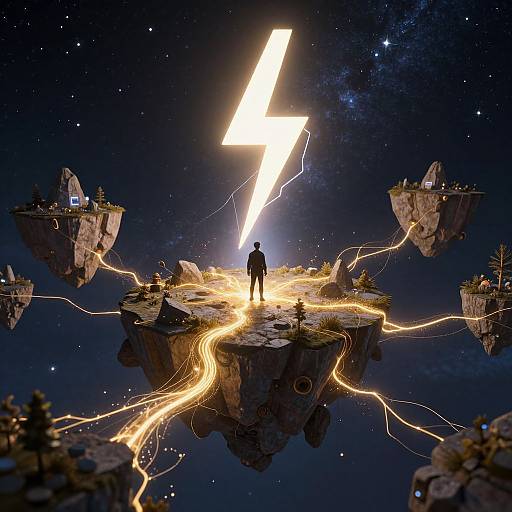 Digital art: Silhouetted figure stands on floating rock, surrounded by glowing lightning, starry night sky, connected by electric currents. Bright lightning