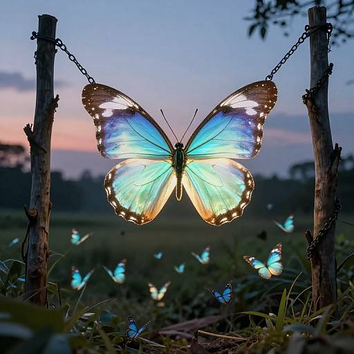 Photograph of a glowing blue and white butterfly, suspended by chains between two wooden posts, surrounded by smaller blue butterflies at dusk.
