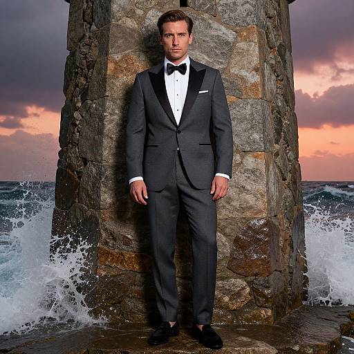 Photograph of a handsome man in a black tuxedo, white shirt, and black bow tie, standing against a rocky pier with ocean waves crashing