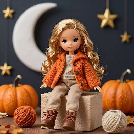 Photograph of a blonde doll with wavy hair, wearing an orange knit jacket, beige sweater, and brown boots, seated on a cube, surrounded