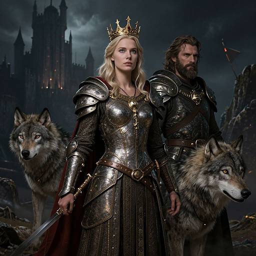 Photorealistic CGI: Blonde queen in shiny armor with golden crown, bearded man in dark armor, two wolves, dark stormy castle background.