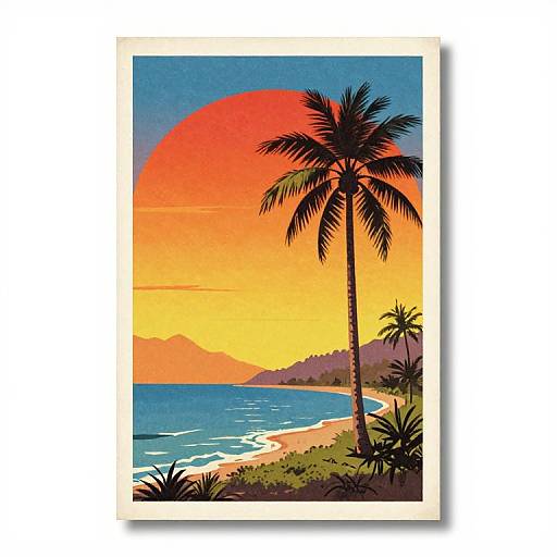 Vibrant digital illustration of a tropical beach sunset, featuring a large red-orange sun, palm trees, blue ocean, and distant mountains.