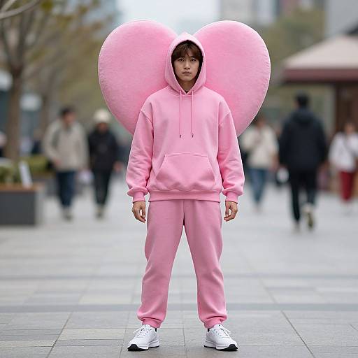 Photograph of a young Asian man in a pink hoodie and pants with a large pink heart-shaped hood, standing in a blurred urban street.