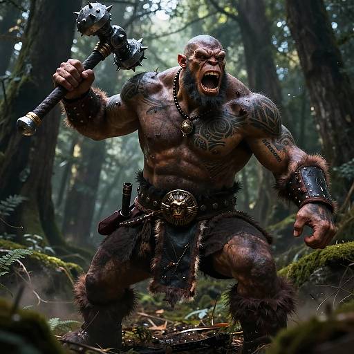 CGI image of a muscular, tattooed, bald orc warrior with fur loincloth, raising a spiked mace in a dark, misty