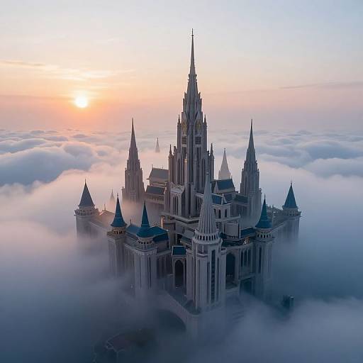 Photograph of a majestic, Gothic-style castle with tall spires, enveloped in mist, rising above a sea of clouds at sunrise.