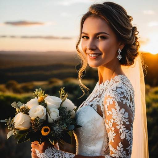 Smiling Bride with Bouquet at Sunset