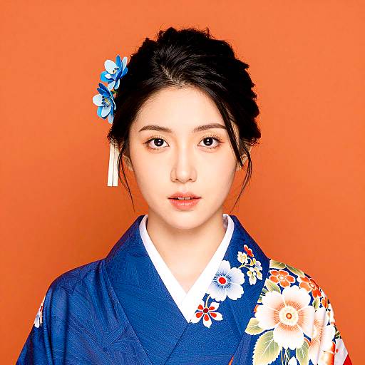 Elegant East Asian Woman in Floral Kimono